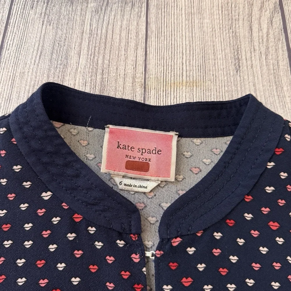 Kate Spade New York Navy Blue Lips Print Crepe Swing Dress Long Sleeve Size 6